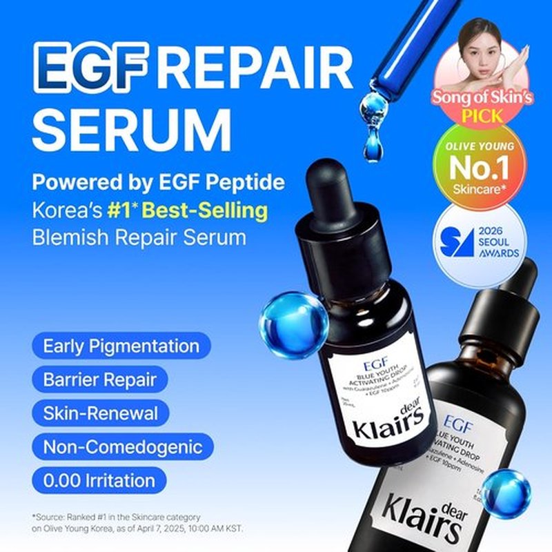 DearKlairs EGF Serum - Blue Youth Activating Drops for Barrier Repair & Post-Blemish Care | 1.69 Fl Oz