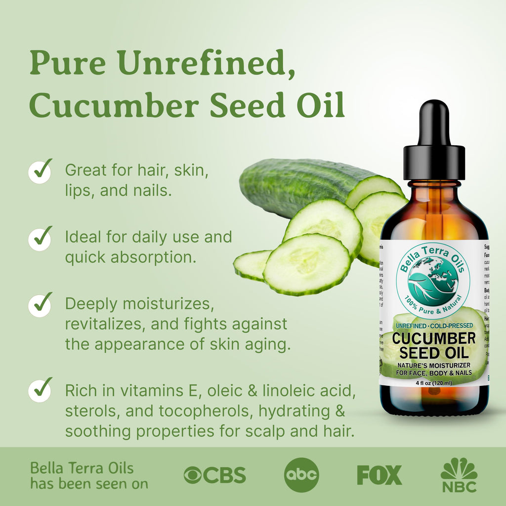 Bella Terra Oils - Cucumber Seed Oil 16 oz - Experience Pure Cucumber Extract, Brimming with Minerals & Antioxidants, Sublime Elixir for Face & Beyond