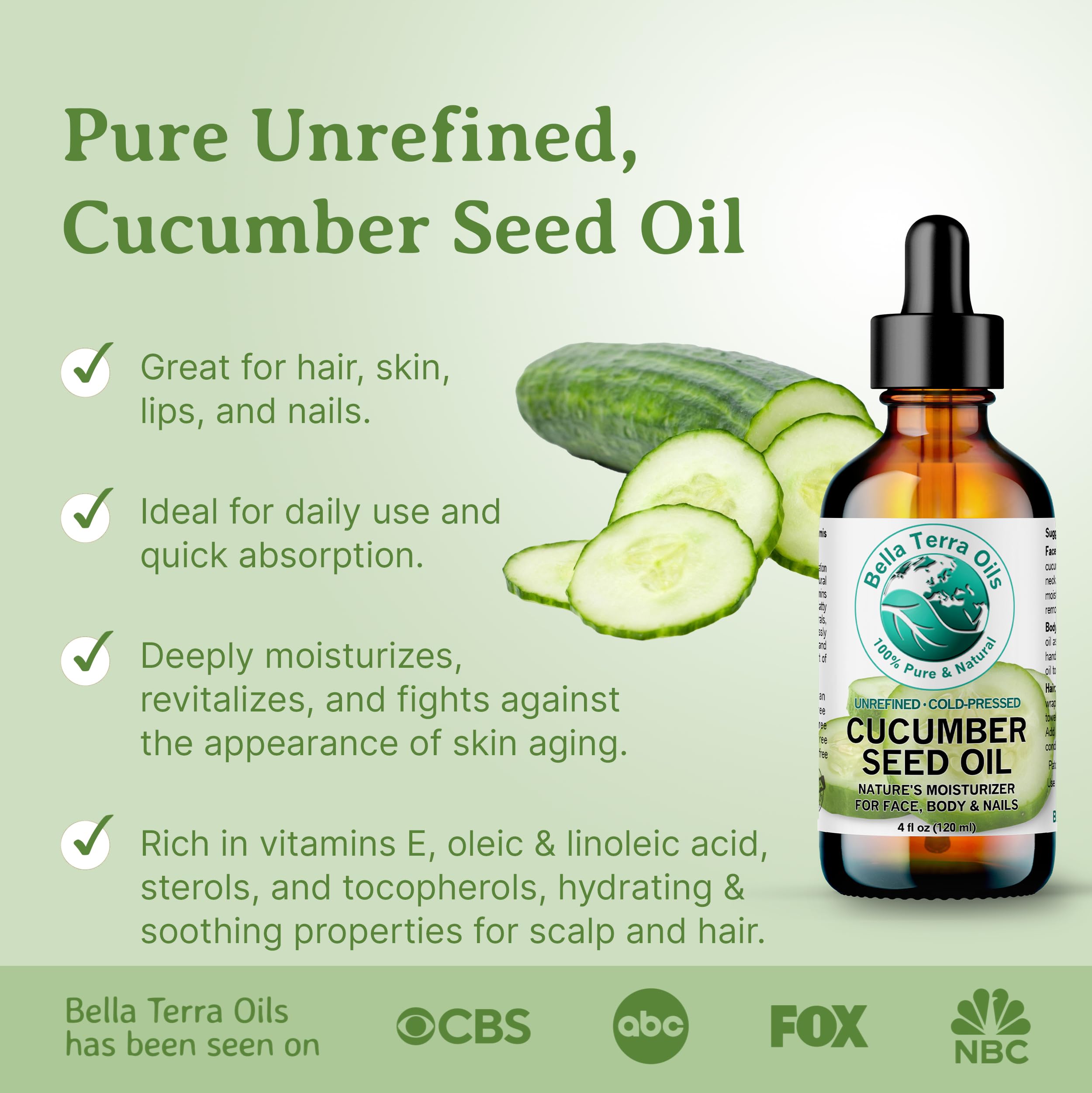 Bella Terra Oils - Cucumber Seed Oil 16 oz - Experience Pure Cucumber Extract, Brimming with Minerals & Antioxidants, Sublime Elixir for Face & Beyond
