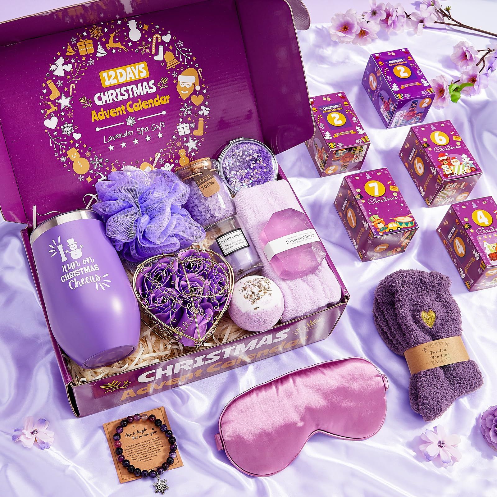 Advent Calendar 2025-12 Days of Christmas Advent Calendar for Women, Mom, Wife, Girlfriend, Sister, Her - Unique Lavender Spa Gifts Basket Set Includes Coffee Mugs, Scented Candle, Bath Salt, Soap