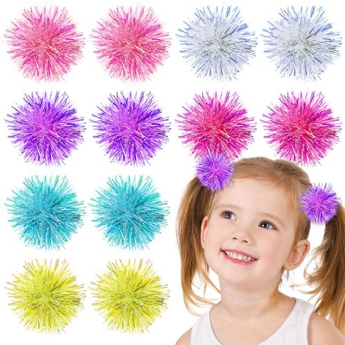 12 Pcs Foil Strips Pom Pom Hair Clips Tinsel Fluffy Ball Elastic Ponytail Holders Shiny Cute Scrunchies Pompom Cosplay Fashion Hair Accessories for Women Girls Birthday Halloween Christmas Party