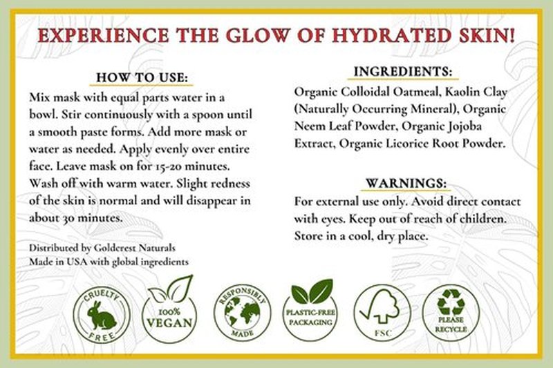 Moisturizing Face Mask - Organic Neem & Clay Formula for Dry Skin | Hydrates & Softens, 7 oz