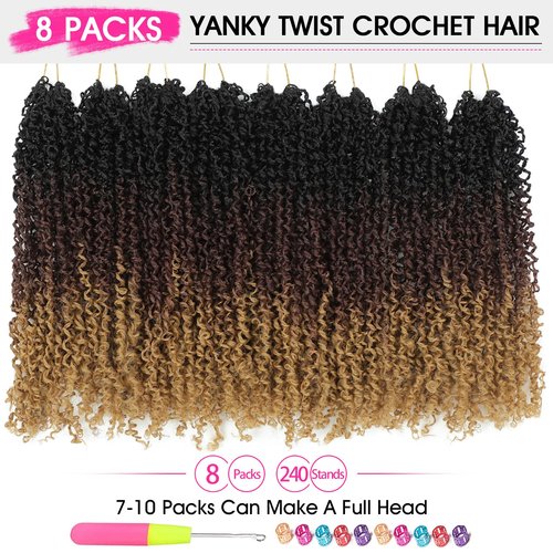 NAYOO Pre-Looped Yanky Twist Crochet Hair - 10 Inch 8 Packs (30 Stands/Pack) Spring Mini Twist Short Bob Passion Twist with Curly Ends Synthetic Pre-Looped Crochet Hair for Black Women