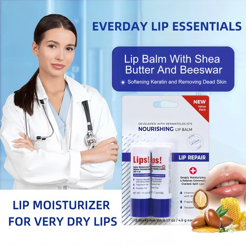 Moisturizing Repairing Lip Balm, 2-Pack,Designed for Chapped Lips, Gently Exfoliates, Deeply Hydrates and Locks in Moisture. Enriched with Shea Butter and Beeswax.