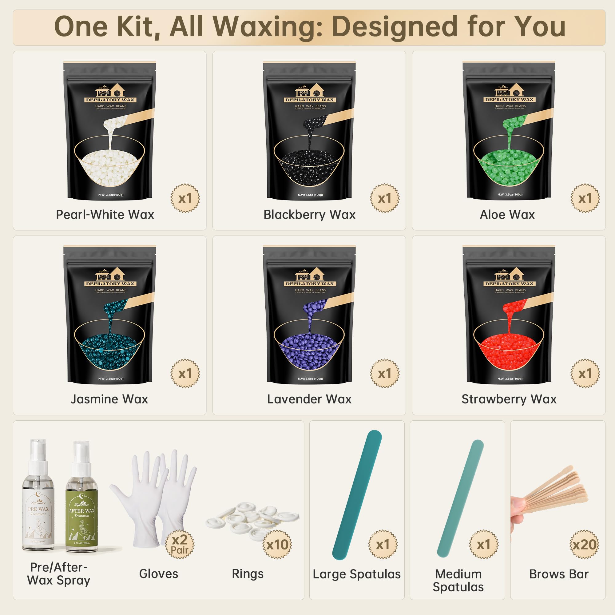 Lifestance Wax Beads Set, 6 Kinds of Waxing Beads, Hard Wax Beans with 44 Items, Perfect for Any Waxing Warmers, Wax Beads for Hair Removal for Full Body Bikini Brazilian Underarm Eyebrow, Face Legs