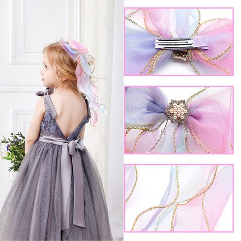 2 PCS Rainbow Ribbon Hair Bows for Girls, Princess Bowknot Hair Barrettes, Colorful Bows Alligator Clips Hair Accessories