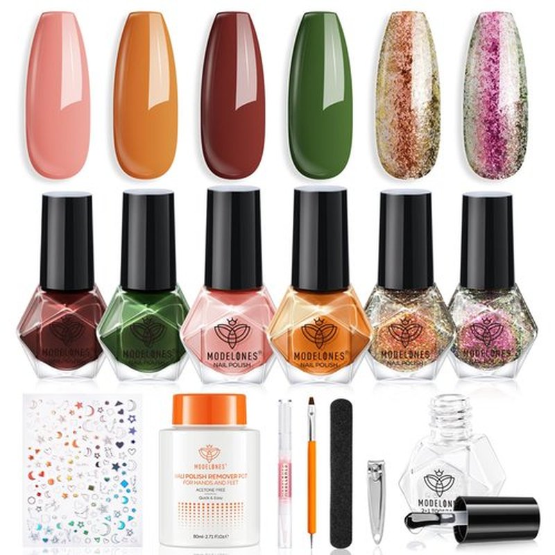 modelones Christmas Nail Polish Set 6 Colors, Red Green Pink Orange Glitter Quick Dry Mini Nail Lacquer Kit DIY Nail Art Manicure Gift for Women Girls ﻿