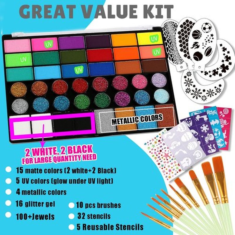 Bowitzki Face Paint Kit for Adults Stencils Glitter Brushes Face Painting Set for Sensitive Skin Water Based FDA Compliant Professional Body Painting (42 new)