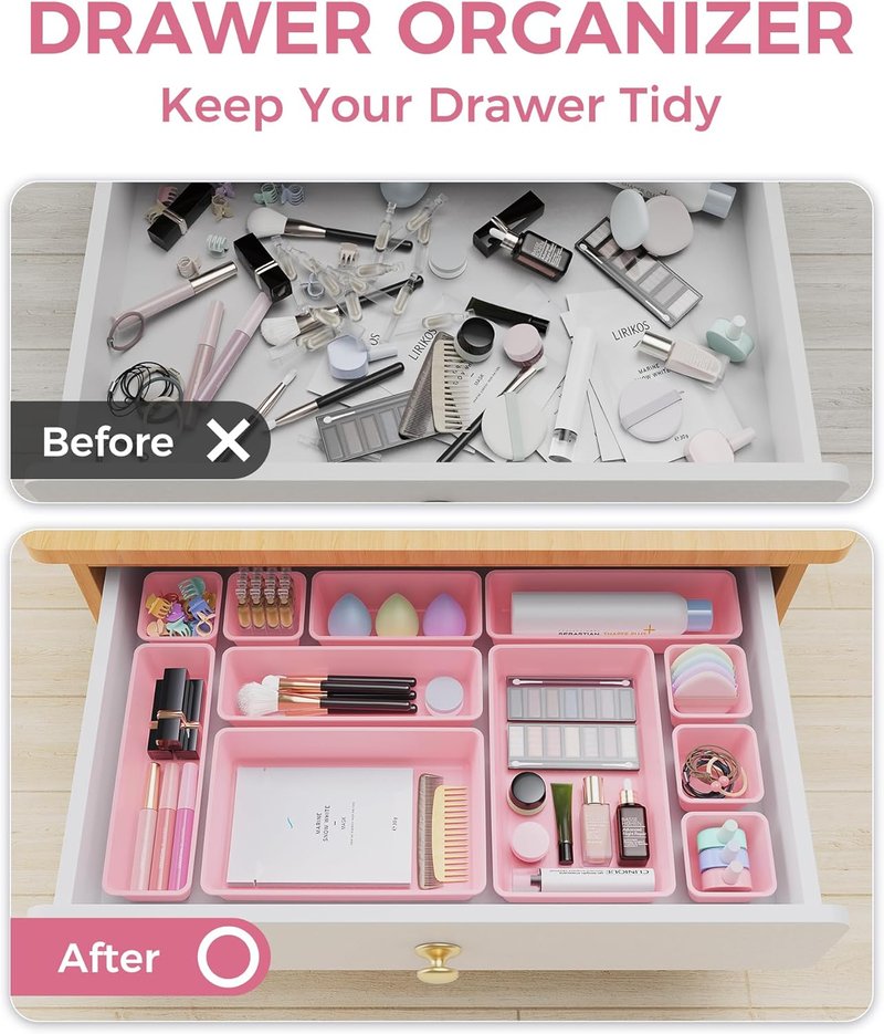 BiuLeon 25 PCS Plastic Drawer Organizers Set - Versatile Vanity & Makeup Storage | Pink, 4 Sizes