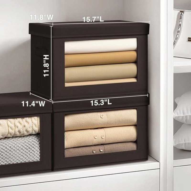 Homsorout Stackable Storage Bins - Large Foldable Closet Organizers with Lids, 6-Pack, Brown