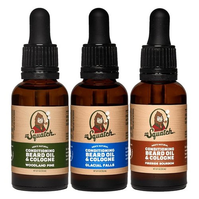 Dr. Squatch Conditioning Beard Oil - Nourishing 3-Pack Gift Set | Long-Lasting Scents: Fireside Bourbon, Glacial Falls, Woodland Pine
