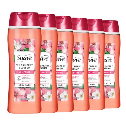 Suave Moisturizing Body Wash, with Wild Cherry Blossom and Vitamin E Extract, No Parabens, No Phtahaltes, 18 Oz Pack of 6
