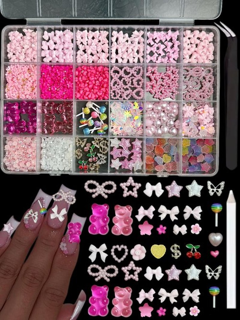 BANA ART Bow Nail Charms and Gems, 3D Candy Star Flower Lollipop Bows Pearl Charms for Nails Art Design, Alloy Cherry Butterfly Nail Charms DIY Craft Accessories for Valentine's Day Gift