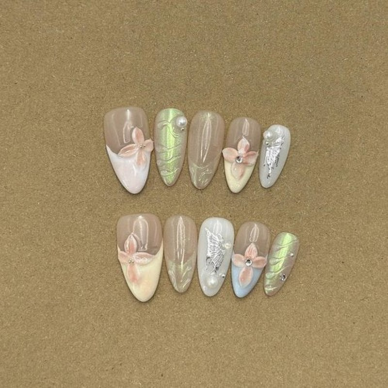Luxury Press on Nails Medium Almond Handmade 3D Unique Reusable ABS Material Fake Nails French Tip False Nails with Designs Butterfly Pearls Art Petal Glossy Glue on Nails Thick Acrylic Nails(M)