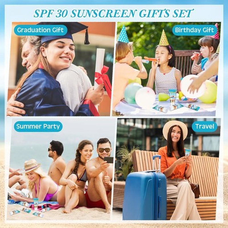 Dansib 72 Pcs Mini Sunscreen Bulk for Summer Party Wedding SPF 30 Water Resistant Sunscreen Lotion Bulk 1oz Travel Size for Thank You Gifts Wedding Party Supplies (Beach)