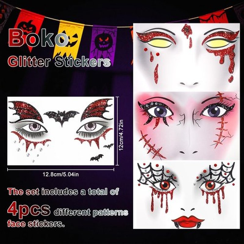 Boko 4Pcs Halloween Face Stickers, Red White Black Halloween Stickers for Face Glitter Makeup, Self Adhesive Glitter Temporary Tattoos for Day of the Dead Zombie Clown Scar Ghost Bat Vampire Cosplay