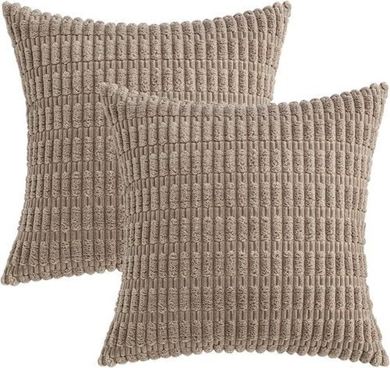 MIULEE Euro Sham Pillow Covers - Soft Corduroy Boho Striped Design | 26x26 Inch Light Brown for Modern Home Decor
