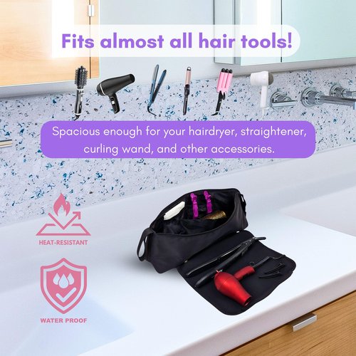Large Hair Tools Travel Bag and Heat Resistant Mat – Hot Hair Tools Organizer for Flat Iron, Curling Iron, Hair Dryer – 2-in-1 Portable Case for Women Bag (19 x 6.5 in) Mat (11 x 15 in)