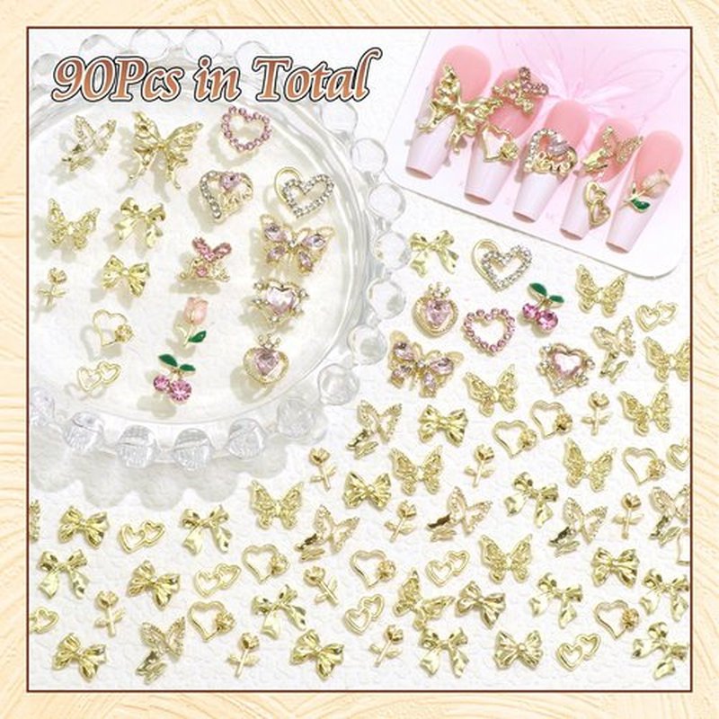 BELICEY 90Pcs Pink Heart Bows Nail Art Charms Gold 3D Assorted Bow Heart Cherry Charms for Nails Butterfly Nail Decoration Y2k Pink Nail Jewelry Gems for DIY Nail Art Design Crafts
