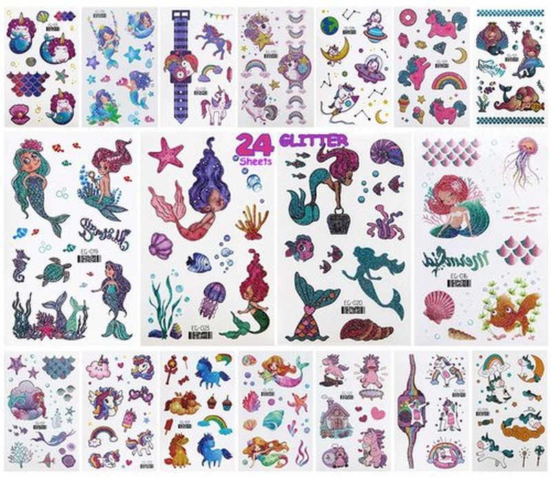 Glitter Unicorn Temporary Tattoos for Kids, 24 Sheets Waterproof Mermaid Tattoos Stickers 240+Pcs, Girls Gifts Birthday Party Baby Shower Favor Supplies, Goodie Bags Fillers & Classroom Exchange