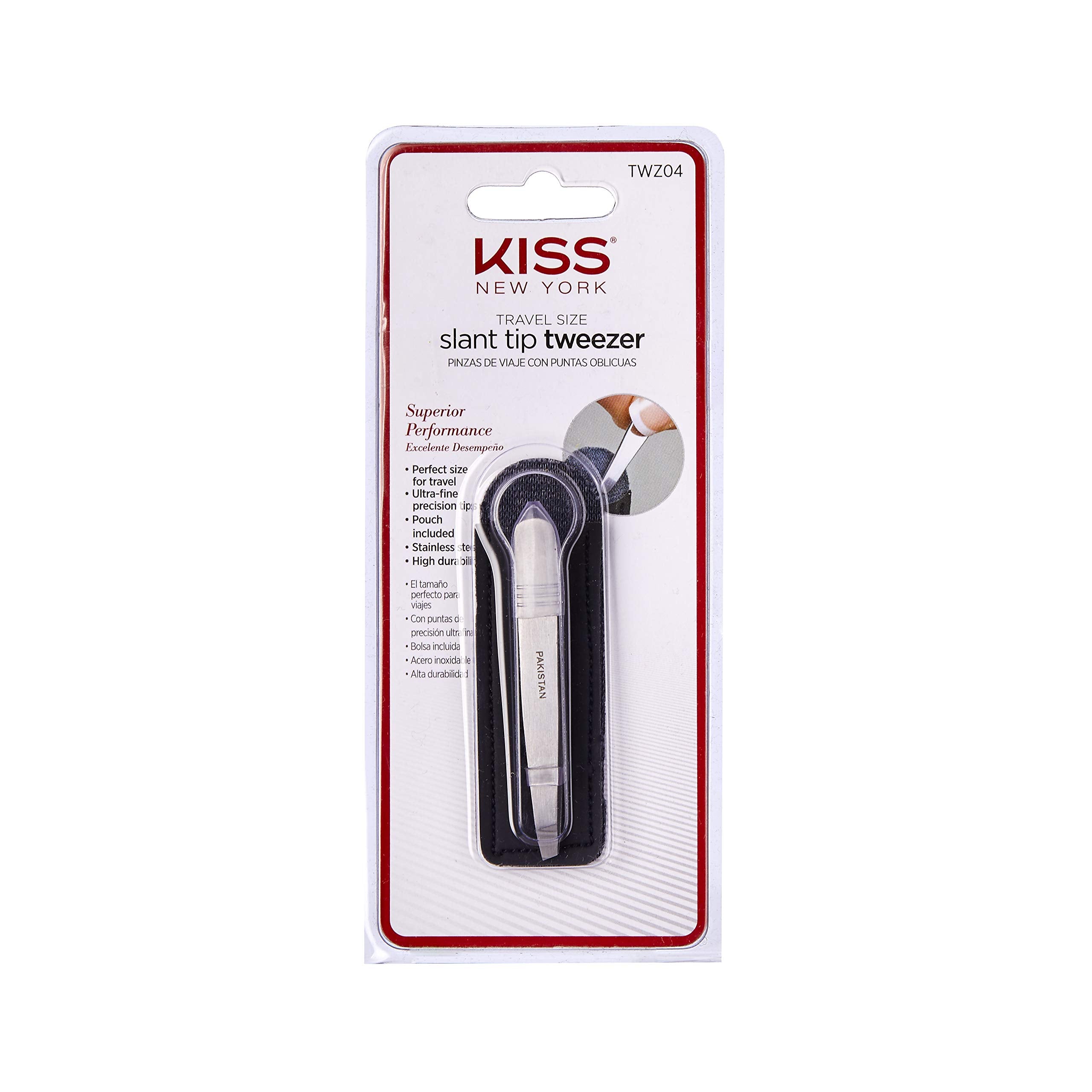KISS NEW YORK Travel Size Slant Tip Tweezer with Pouch, Ultra-Fine Precision Tip, Stainless Steel (TWZ04)