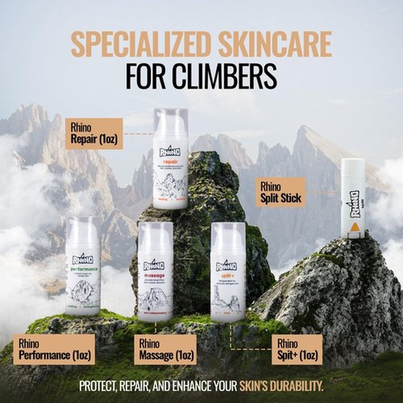 Rhino Skin Starter Kit Bundle - Climbing Skincare 5-Piece Set with Hand Cream, Lotion, Conditioner, Antiperspirant, and Balm | For Dry and Cracked Hands | Travel Size Hand Creams with Handmade Pouch