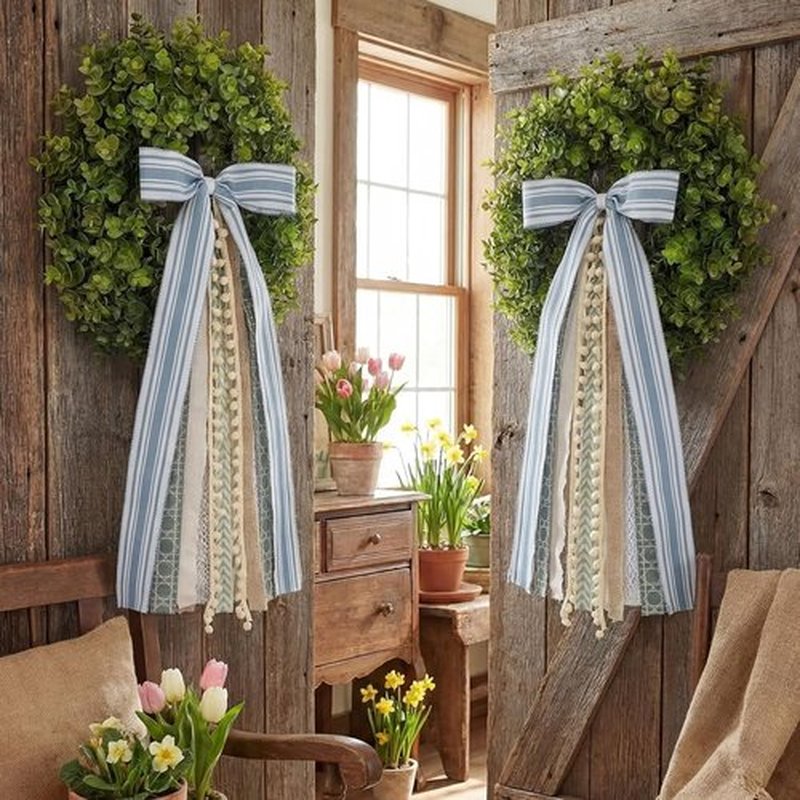 Suncalla Ribbon Bow Bundle - 2 Pcs Grayish Blue & Ivory for Large Wreaths | Indoor/Outdoor Decor