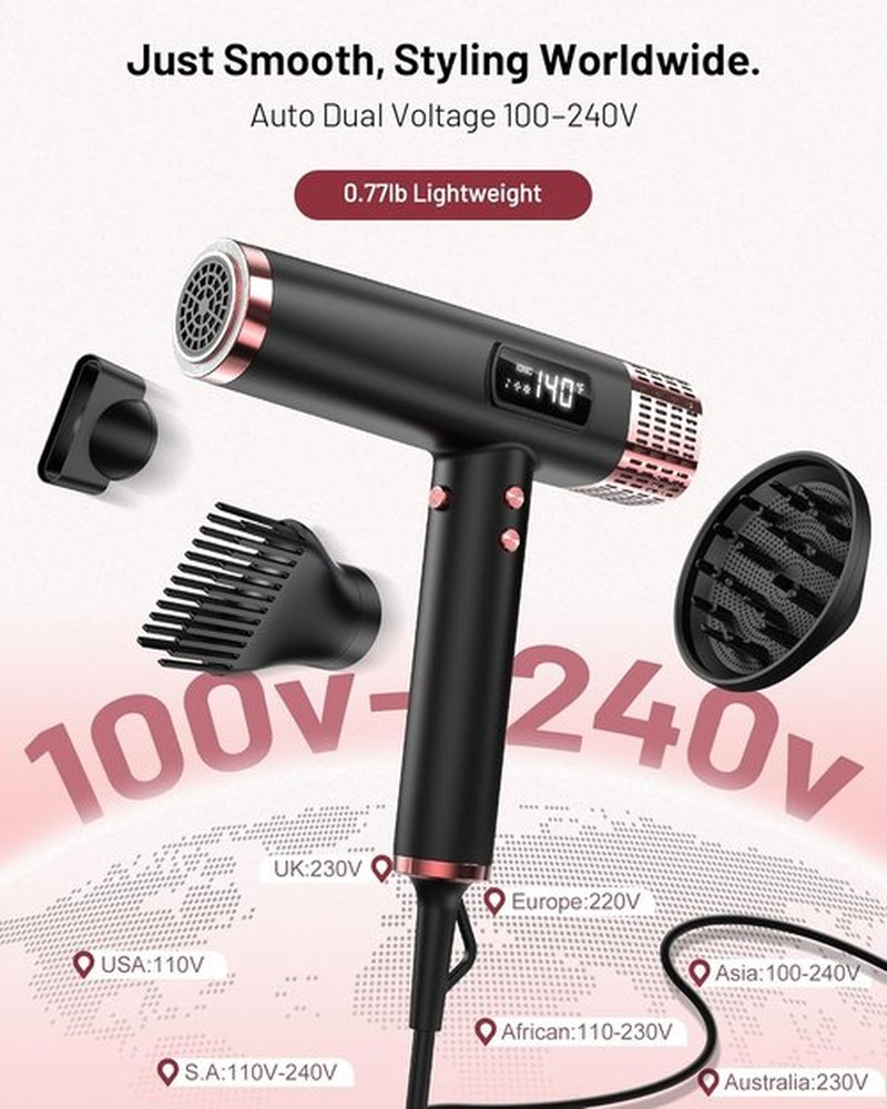 Skiennix Dual Voltage Ionic Hair Dryer - 1875W Fast Drying, Lightweight, No Heat Damage | Travel-Friendly Design