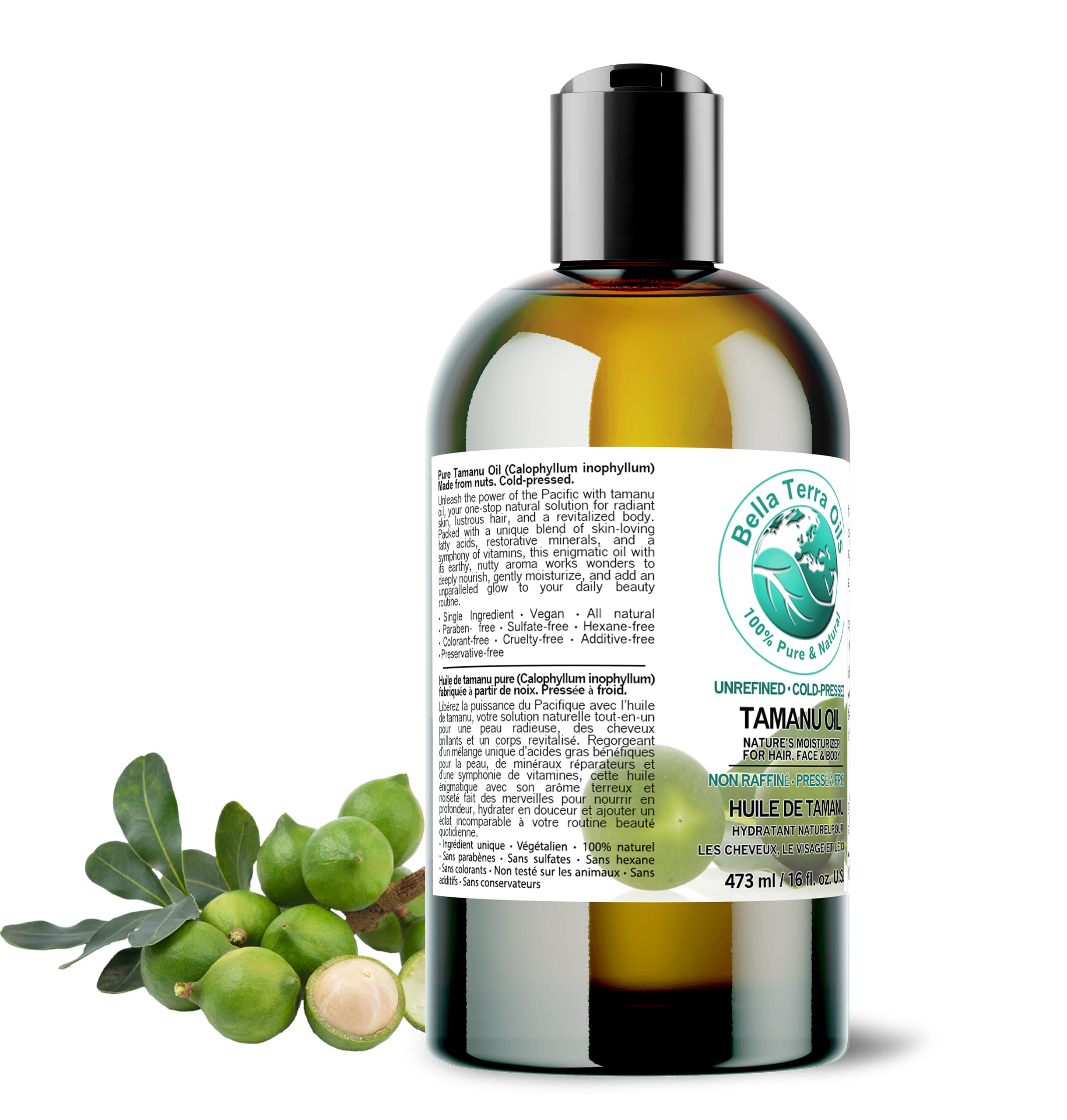 Bella Terra Oils - Natural Tamanu Oil 16 oz - Harness the Power of Nature, Infused with Stearic Acid & Calophyllolide, Perfect Choice for Luxurious Skin Nourishment