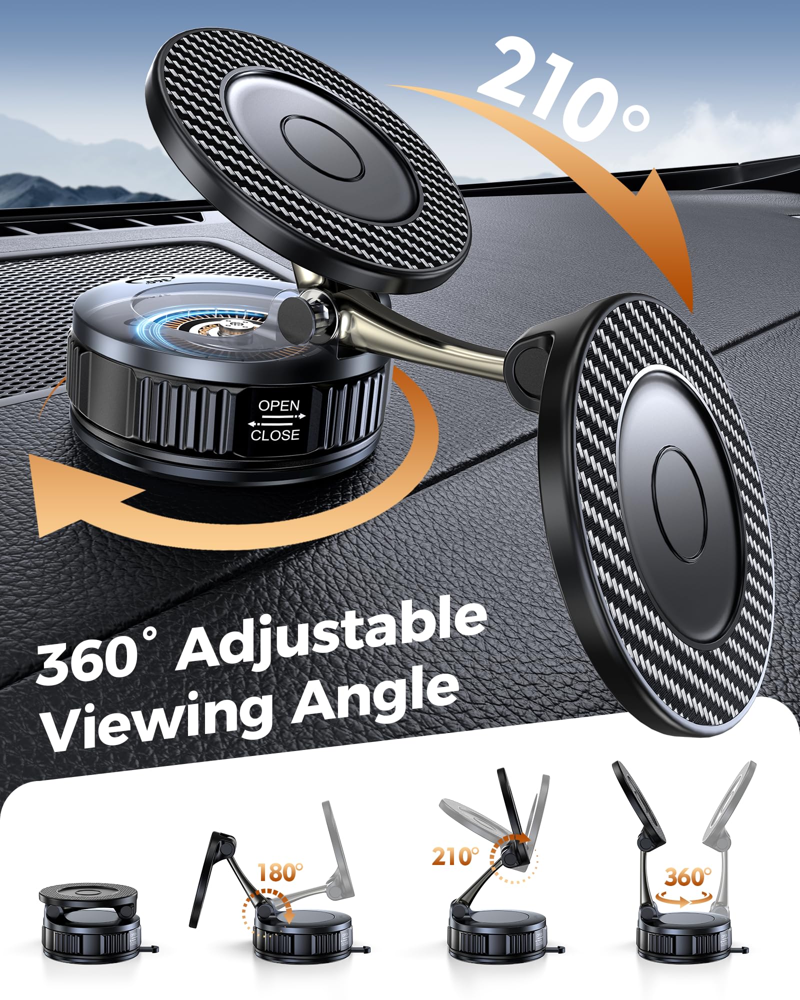 Car Phone Holder for Magsafe – [Carbon Fiber] Phone Mount for Car [Super Strong Magnetic, 360° Adjustable, 108LBS Vacuum Suction] Phone Holders for Your Car, Car Accessories for iPhone 17–12 Series