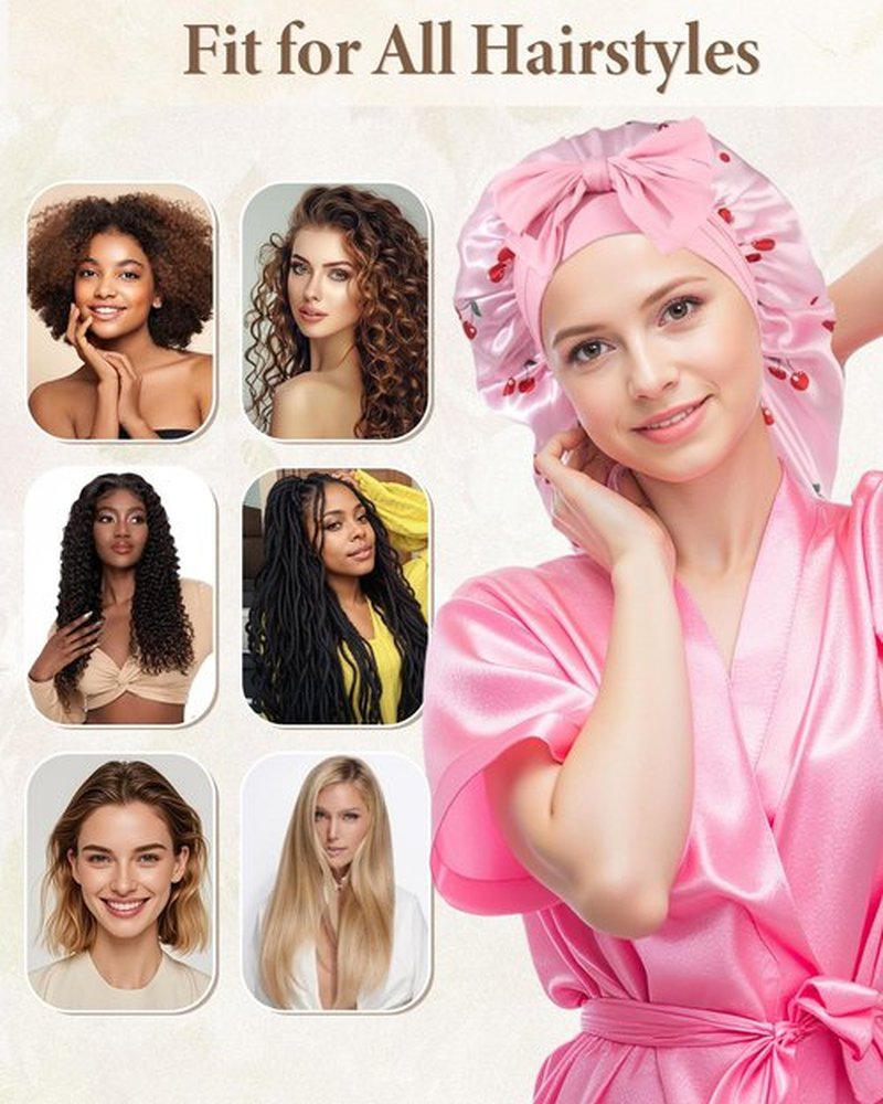 AWAYTR Long Satin Bonnet for Sleeping, Reversible Double Layer Hair Bonnet with Elastic Tie Band (Cherry Print+Pink)