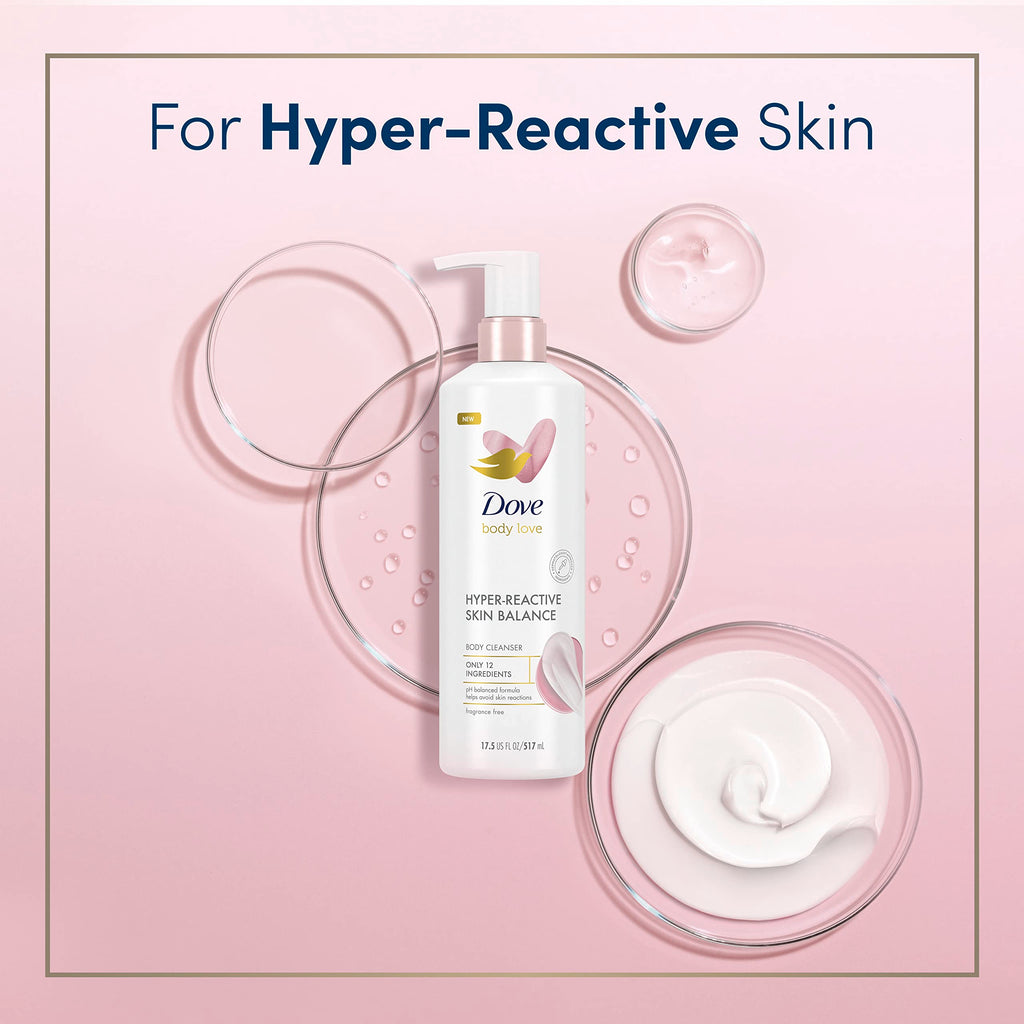 Dove Body Love Body Cleanser Reaction-Prone Skin 3 Count Hyper-Reactive Skin Balance for Ultra-Sensitive Fragrance Free Body Wash with Only 12 Ingredients 17.5 oz