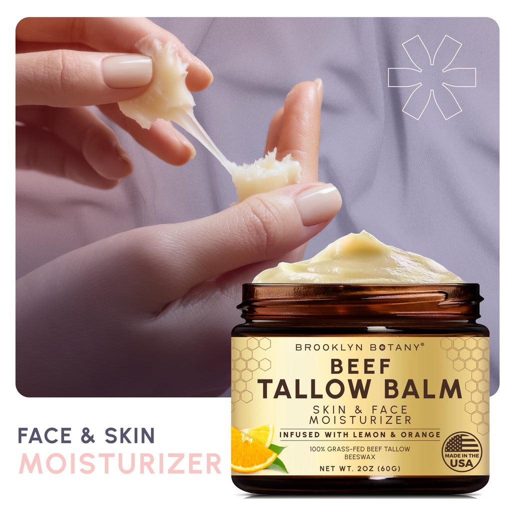 Brooklyn Botany Beef Tallow Balm – Grass Fed Beef Tallow for Skin and Face – Nourishing Face Moisturizer Infused with Citrus Oils – Orange Oil and Lemon Oil – 2 oz