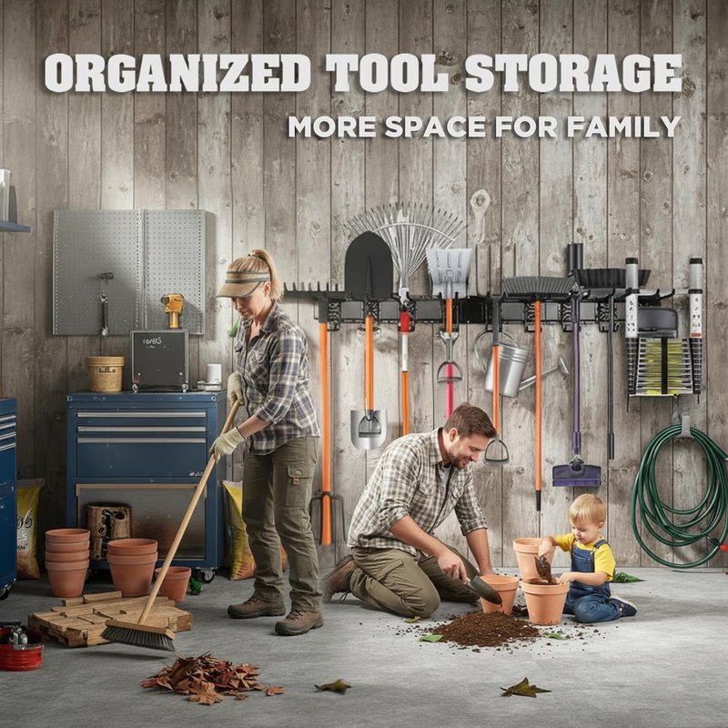 ELEAD Garage Tool Organizer - 9-Pairs Heavy Duty Wall Mount Hooks | Adjustable 48-Inch Design for Yard Tools