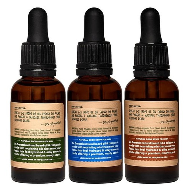 Dr. Squatch Conditioning Beard Oil - Nourishing 3-Pack Gift Set | Long-Lasting Scents: Fireside Bourbon, Glacial Falls, Woodland Pine