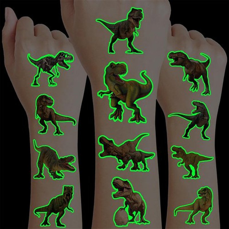 96 PCS T Rex Dinosaur Pre-Cut Temporary Tattoos Birthday Party Decorations Favors Supplies Decor 3D Tyrannosaurus Rex Dino Trex Cute Stickers Boys Girls Gift School Prizes Rewards (Luminous)