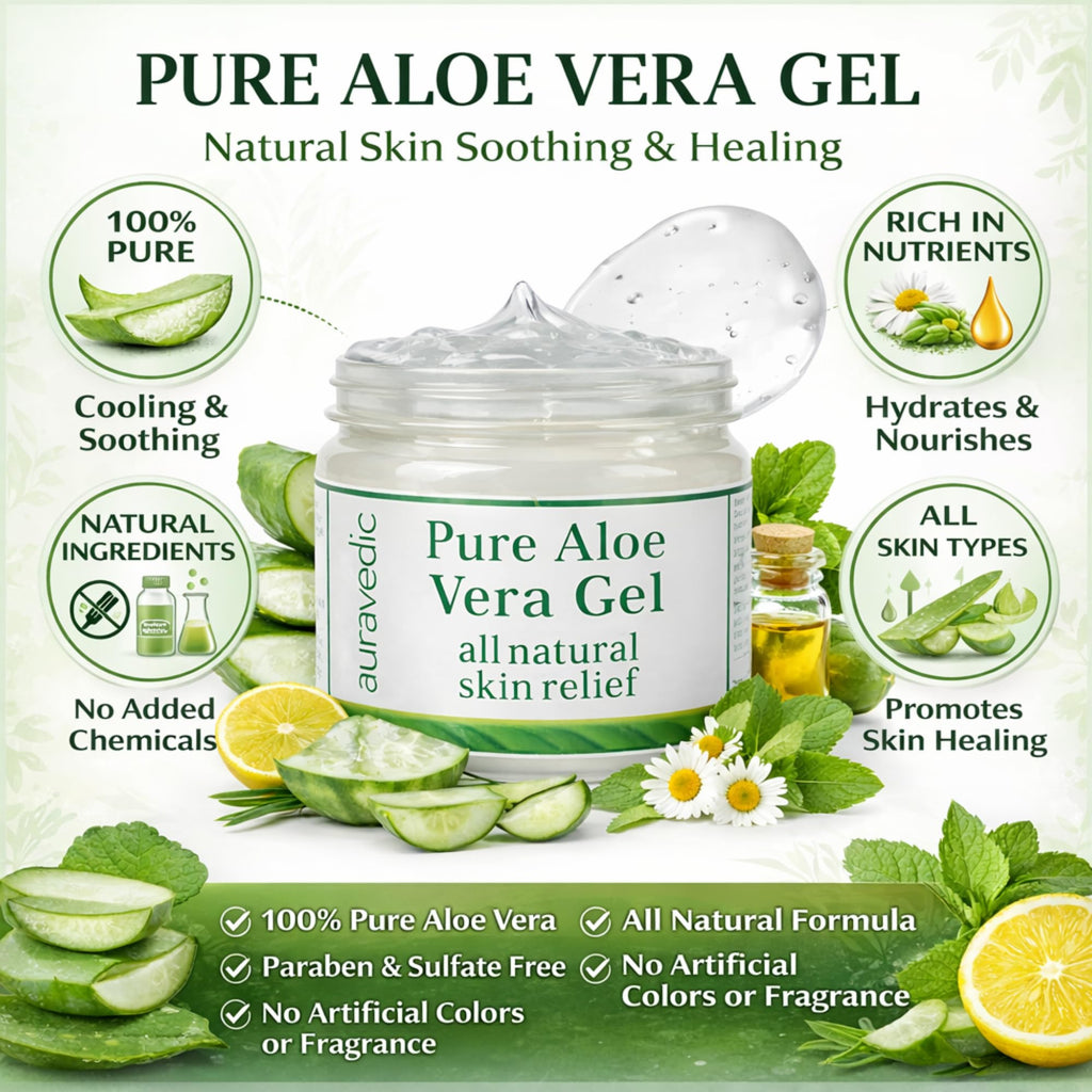 Auravedic Pure Aloe Vera Gel for Face, Body & Hair | Natural & Soothing Plant-Based Gel | Ideal for Daily Skincare, After-Sun Use & Hair Conditioning | Alcohol-Free | 7.05 Oz (200g)