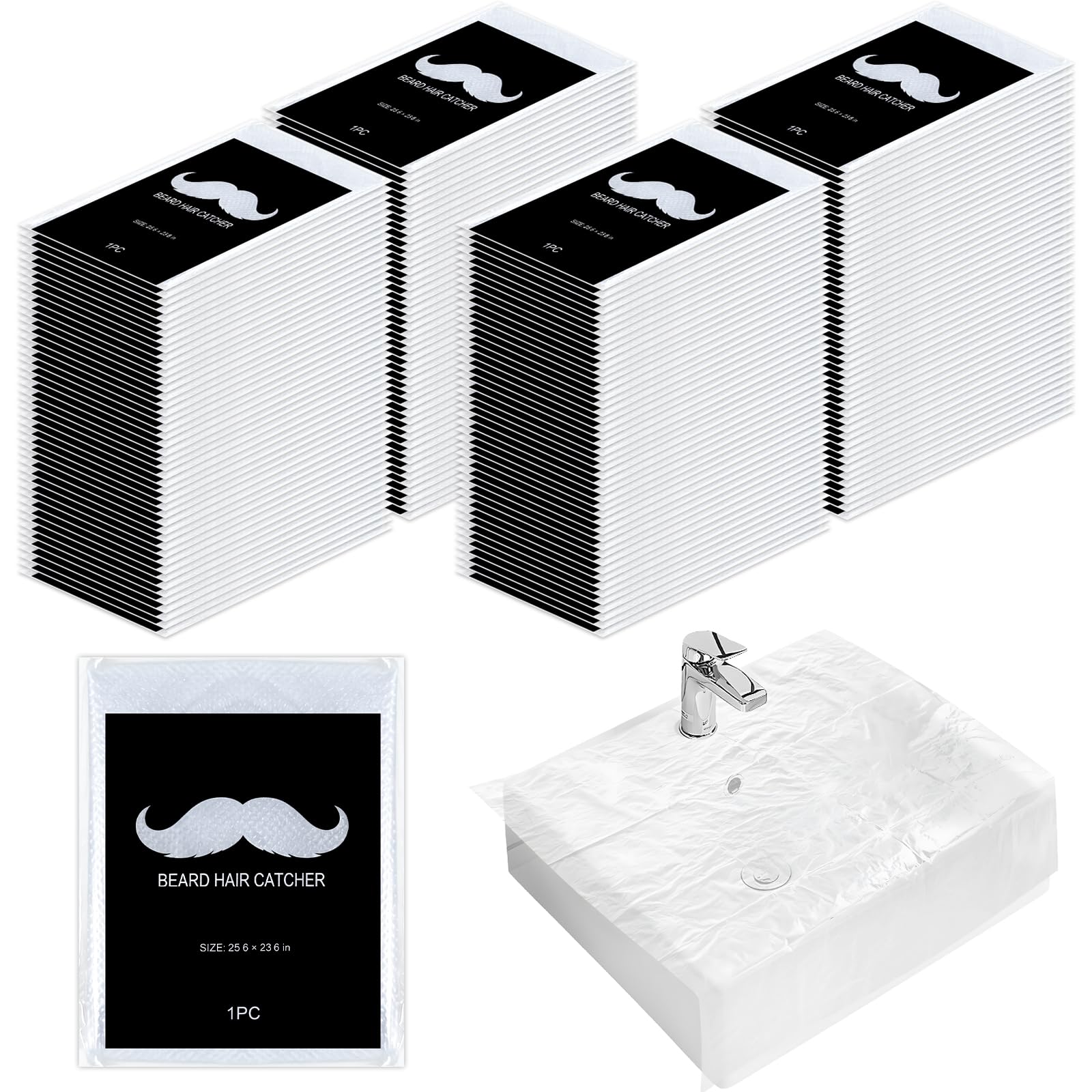 Beard Hair Catcher for Sink Disposable Beard Trimming Catcher Individually Wrapped Beard Bib Clear Hair Catcher Quick Cleanup Sink Cover for Shaving Suitable for Multiple Sink Types (Pack of 100)