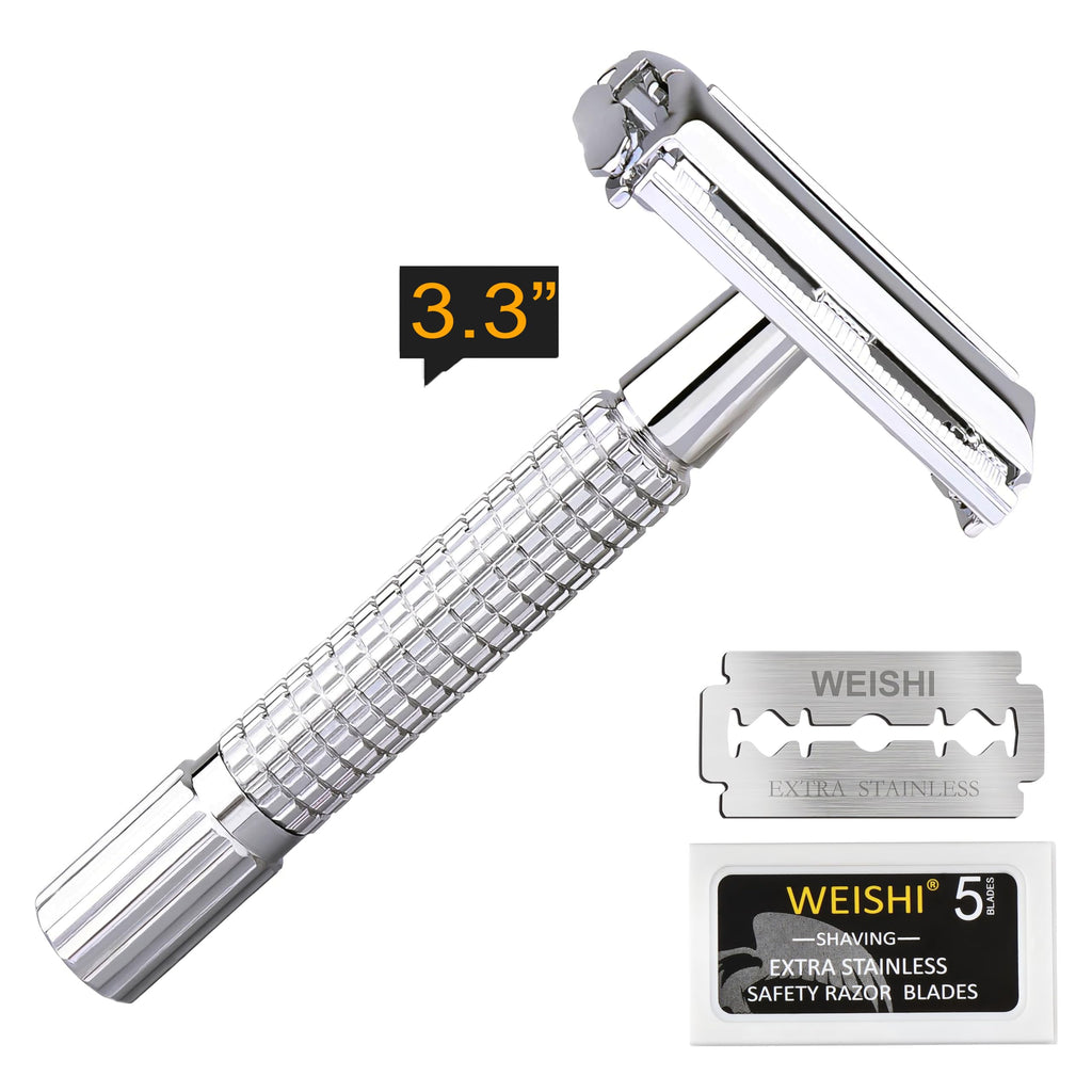 WEISHI Butterfly Open Double Edge Safety Razor for Men, Chrome Short Handle with 5 Stainless Razor Blades Included, Reusable Wet Shave Tool for Smooth, Close Shave