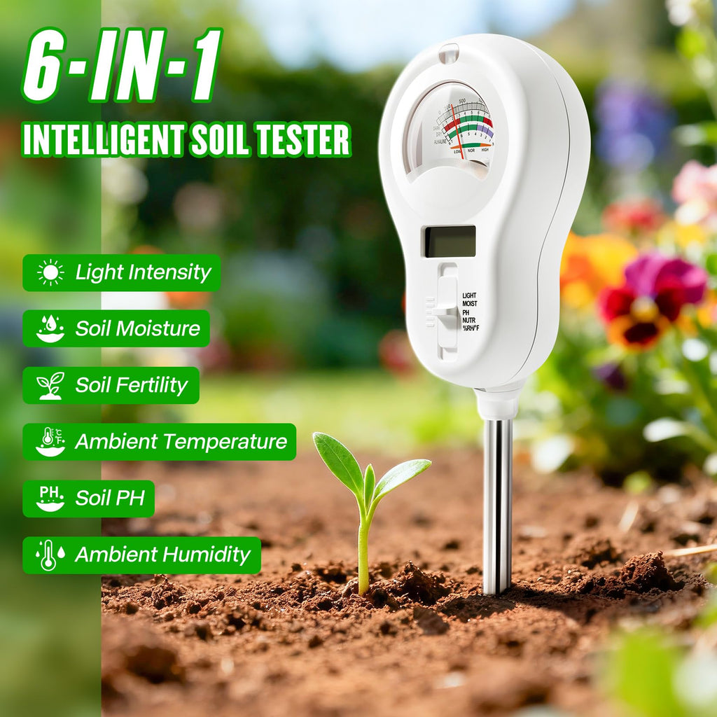 LXIANGN 6-in-1 Multifunctional Soil Moisture Meter, pH/Temperature/Soil Moisture/Sunlight/Air Humidity/Soil Fertility Soli Analyzer for Farming, Gardening, Lawns