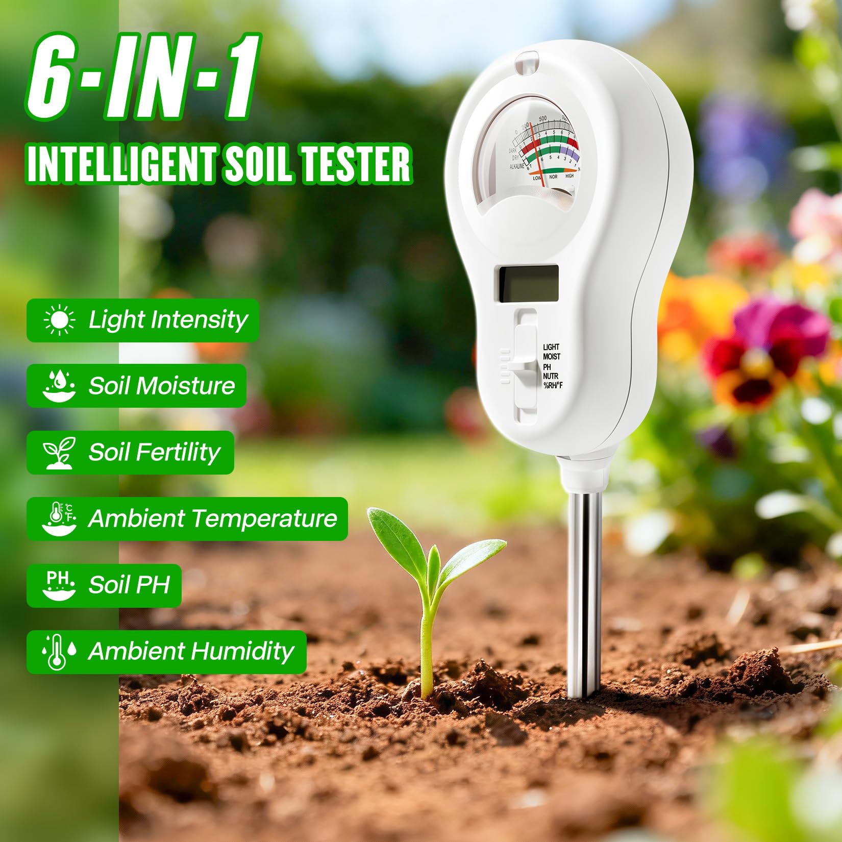 LXIANGN 6-in-1 Multifunctional Soil Moisture Meter, pH/Temperature/Soil Moisture/Sunlight/Air Humidity/Soil Fertility Soli Analyzer for Farming, Gardening, Lawns
