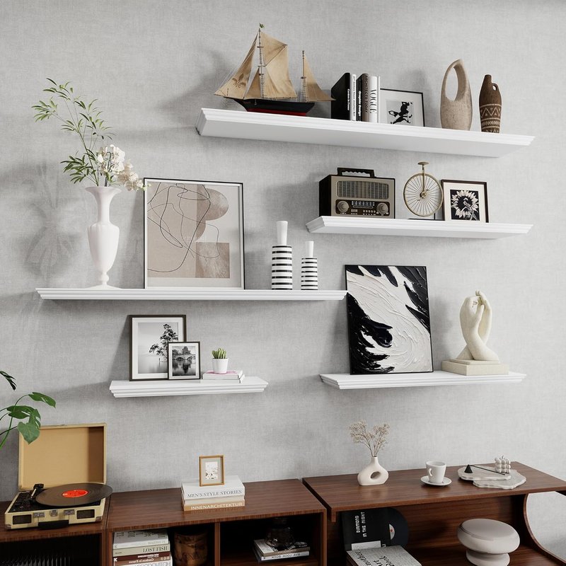 Fun Memories Floating Shelves - 24 Inch Classic Crown Molding Rustic Wooden Wall Decor | White, 2-Pack