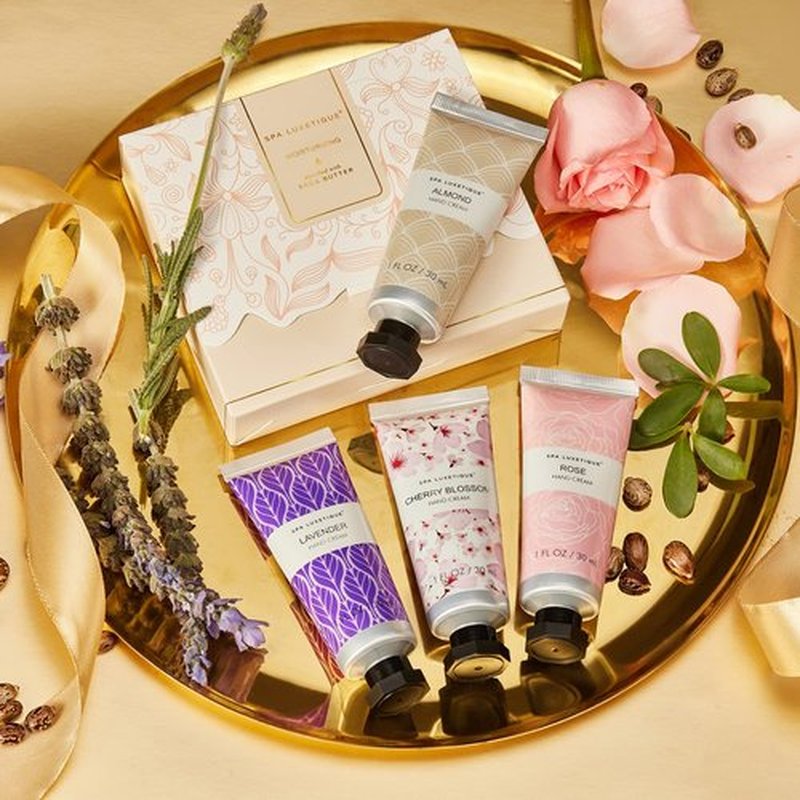 Spa Luxetique Hand Cream Gift Set - Moisturizing Shea Butter & Glycerin Lotion | 4 Travel Size Packs for Women’s Birthdays & Mother’s Day