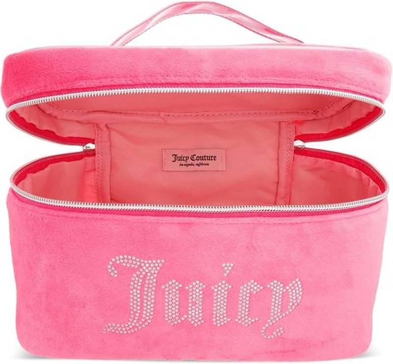 Juicy Couture Pink Silver Makeup Bag - Velour Cosmetics Organizer with Rhinestones | Travel Essentials Case