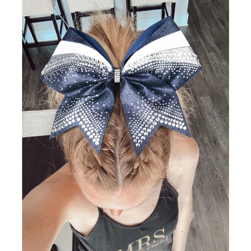 DEEKA 6 PCS 7" Large Glitter Cheer Bows with Shiny Rhinestones Three Color Stiff Hair Bows Elastic Band Ponytail Holder for for Cheerleaders Softball Girls Sports -Navy/Silver/White