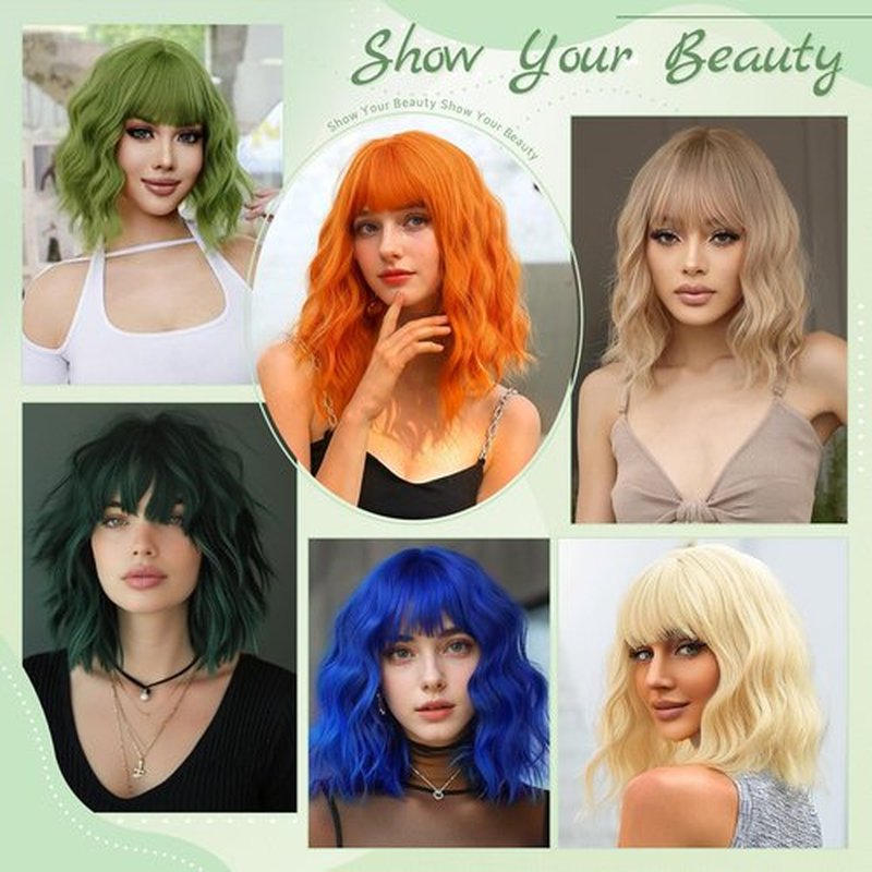 NAYOO Dark Green Wig with Bangs, 14 Inch Bob Wig with Bangs, Shoulder Length Green Short Wig for Daily Party Use