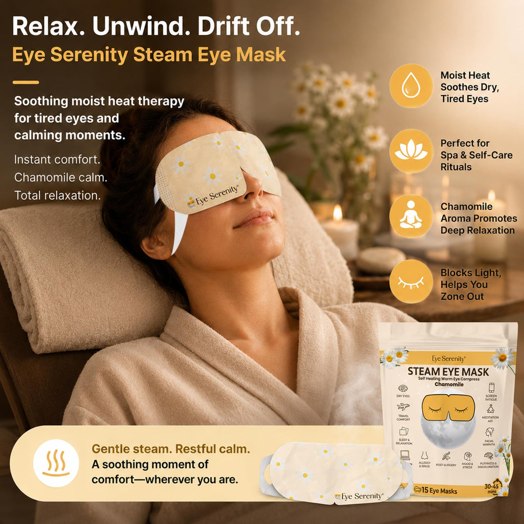 Lure Essentials Steam Eye Mask, Heated Eye Mask, Self Heating Warm Compress for Dry Eyes, Fast Relief for Stye, Puffy Sensitive Eyes, Moist Heat, Relaxation Gifts for Women and Men - Chamomile