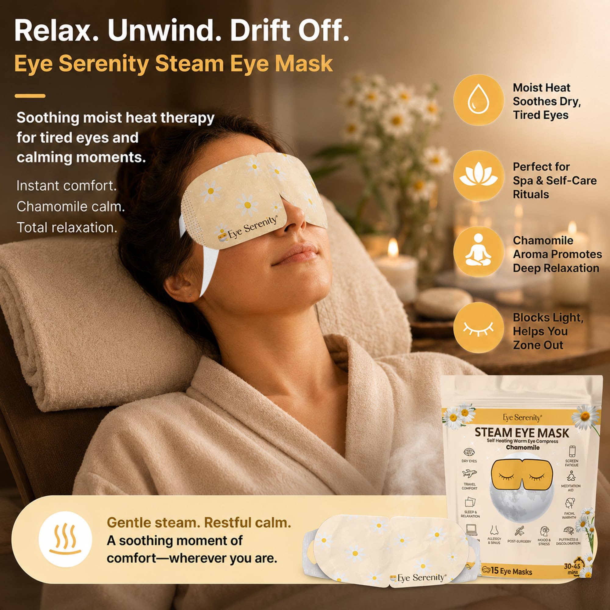 Lure Essentials Steam Eye Mask, Heated Eye Mask, Self Heating Warm Compress for Dry Eyes, Fast Relief for Stye, Puffy Sensitive Eyes, Moist Heat, Relaxation Gifts for Women and Men - Chamomile