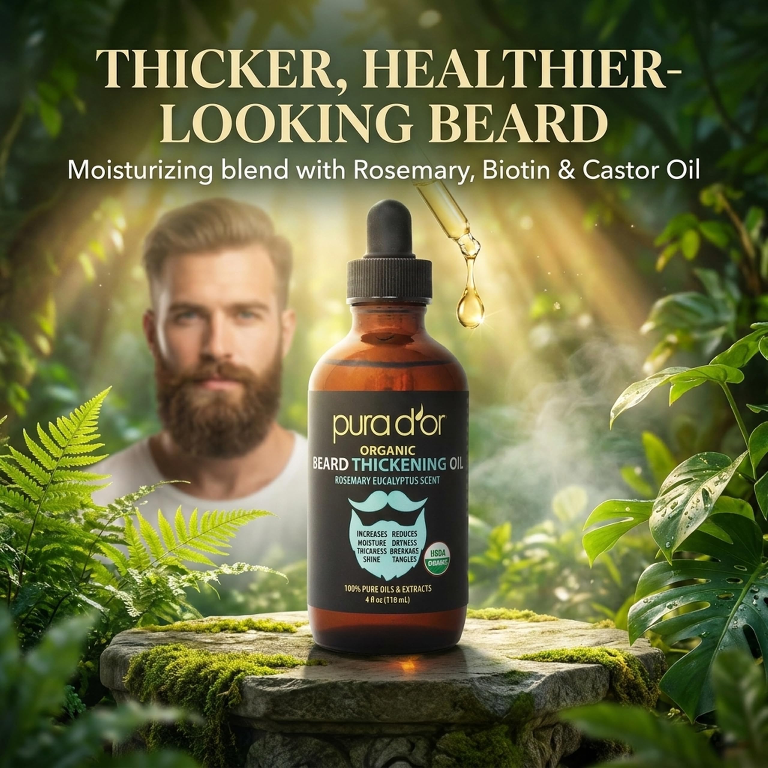 PURA D'OR 4 Oz Thickening Beard Oil – Moisturizing Blend with Rosemary, Biotin & Castor Oil – Increases Moisture, Thickness and Shine - Reduces Dryness and Breakage