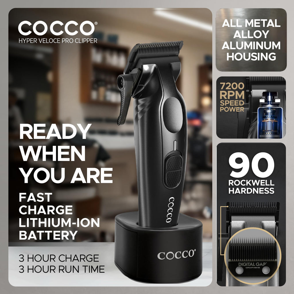 Cocco Veloce Pro Clipper, Digital Gap Ambassador Graphene Taper Blade Professional Hair Clippers, High-Torque BLDC Motor, All-Metal, Cordless, Charging Base Included, Matte Black